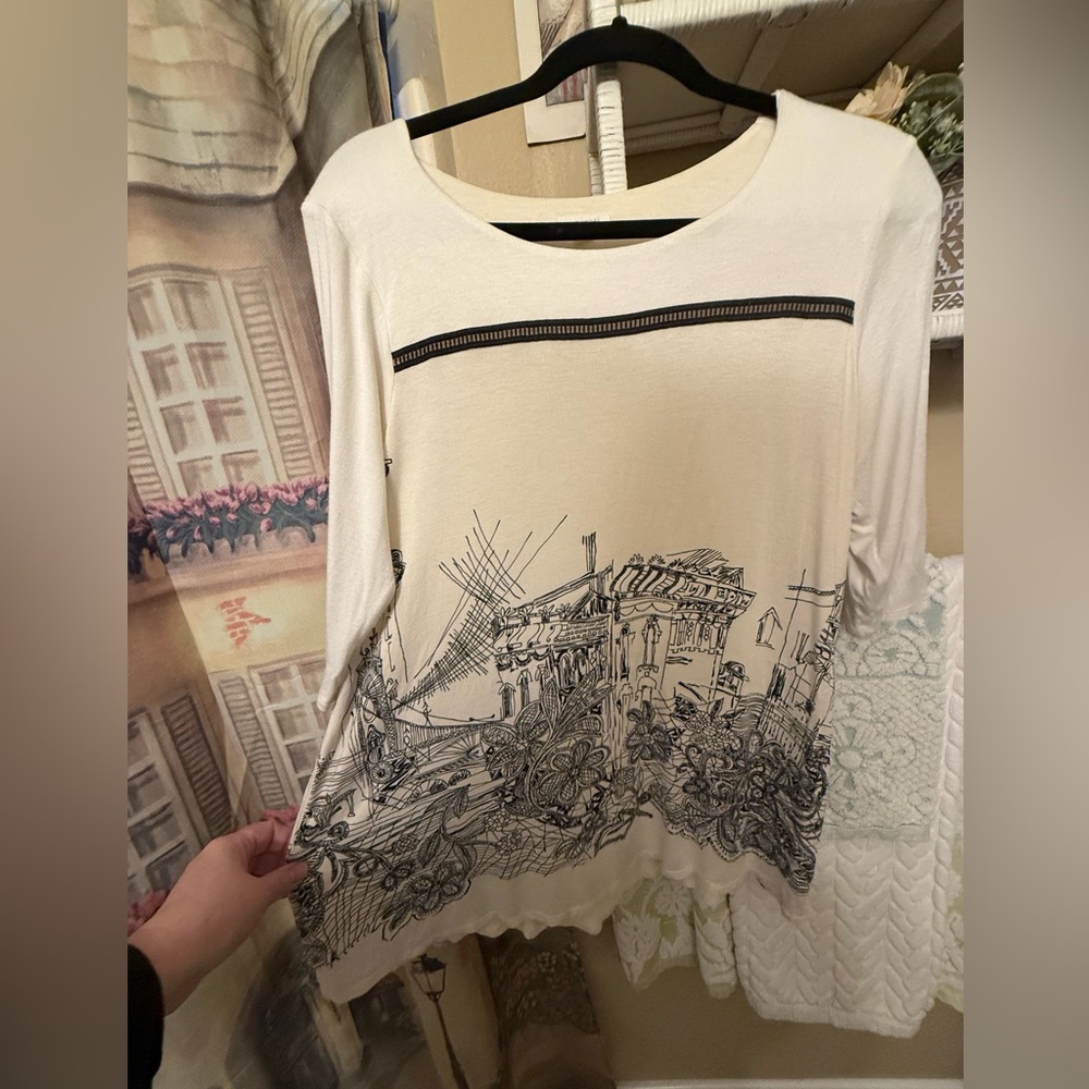 Anthropologie Elegant Cream Travelogue Graphic Women's Top